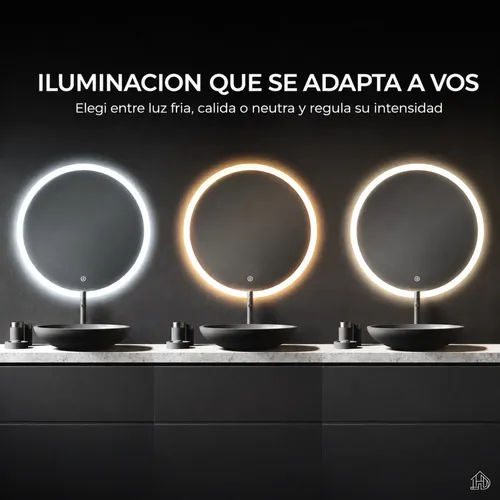 Espejo Redondo Baño 60cm Luz Led Circular Borde Pulido