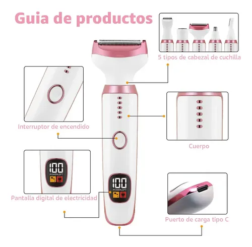 Depiladora Eléctrica 5 En 1 Facial Bikini Mujer Rosa For