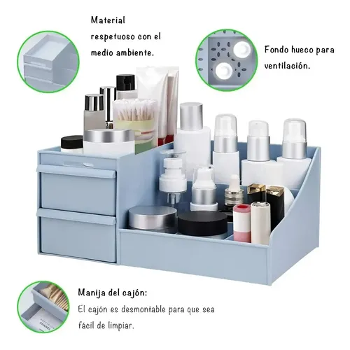 Organizador Maquillaje Cremas Escritorio Oficina Con Cajones Color Celeste