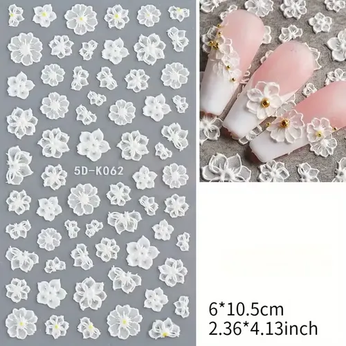 Pegatinas De Uñas 5d De Flores Blancas – Paquete De 3