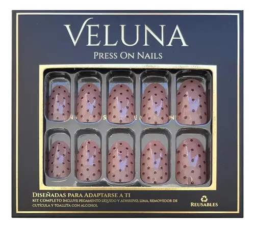 Uñas Press On Nails Veluna Reutilizables Diseños Variados Color Nude Polka Soft