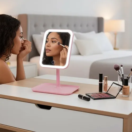 Espejo De Maquillaje Led 3 Tonos Táctil Con Base Rosa