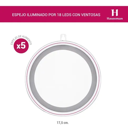 Espejo Maquillaje Luz Ventosas Aumento X5 Cromado 18 Led