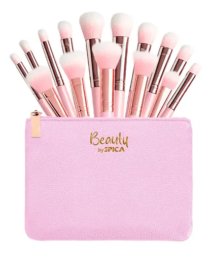 Set 15 Brochas Y Pinceles Para Maquillaje BEAUTY BY SPICA BRO-15 Estuche Colores Color Rosa