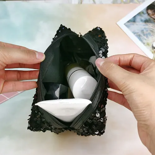 Cw Bolsa De Maquillaje Con Purpurina Negra Y Lentejuelas