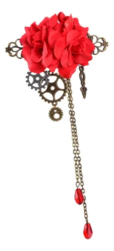 Clip Floral Steampunk Lolita Gear Rose Para El Cabello Rojo
