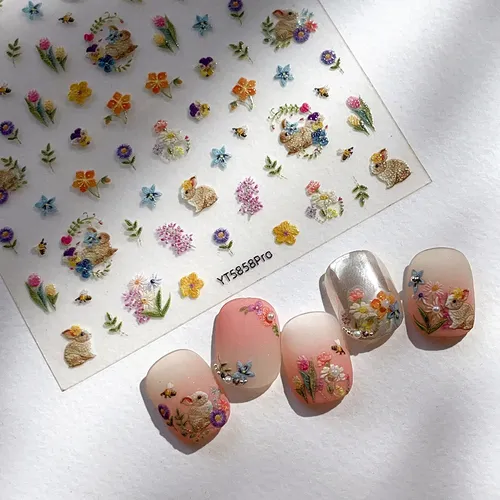 Pegatinas De Uñas Con Diseño De Conejito Y Flores Bordadas