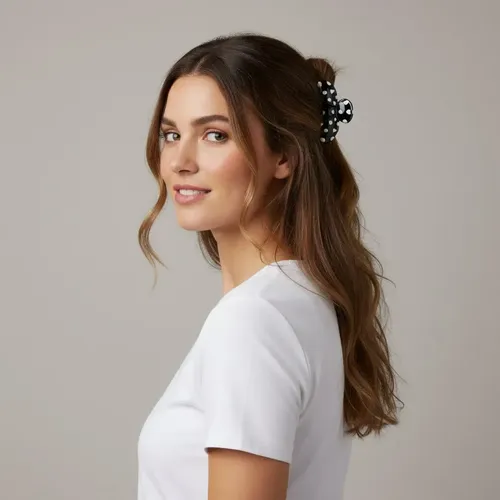 Broche Pelo Pinza Moño Negro Corazones Blancos Negro