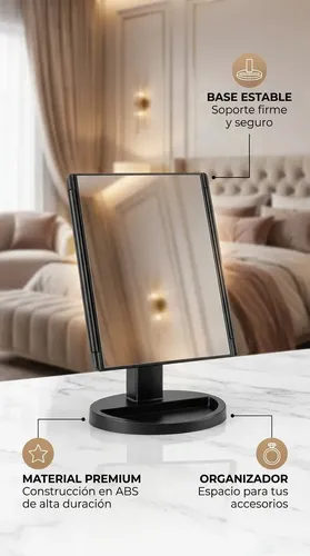 Espejo Mtl Tríptico Con Luz Led Iluminación Portátil Base Reforzada Ideal Maquillaje Profesional Rutinas Belleza Cuidado Facial Tocador Dormitorio Baño Negro Diseño Moderno Elegante Compacto Práctico