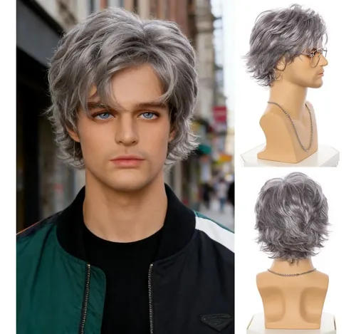 Pelucas Hombre Chico Cabello Corto Moda Gris Plateado Rizado