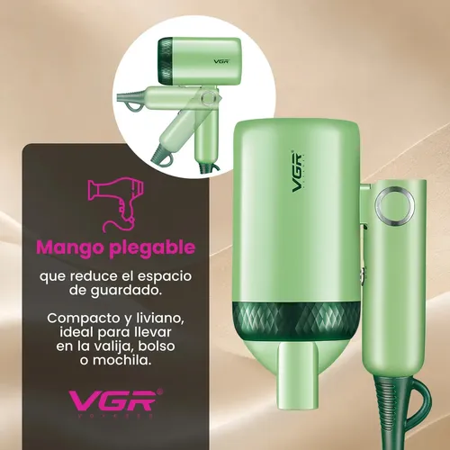 Secador De Pelo Plegable Viaje VGR V-421 1200W Compacto Verde Claro