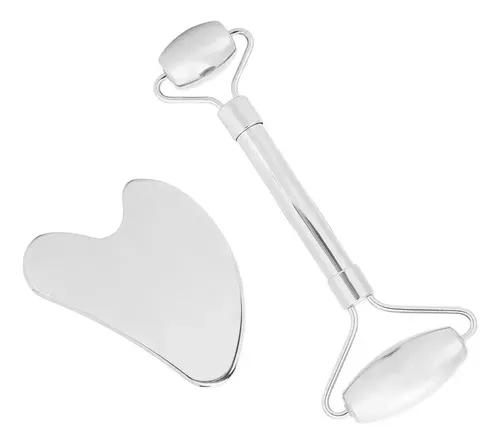 F 2x Rodillo Facial De Acero Inoxidable Gua Sha Tool Face