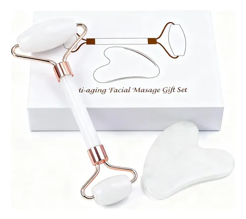 Set Rodillo Facial Y Gua Sha Werncy Piedra Opal Blanco