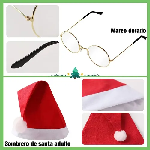 Qqx Peluca Barba Gorro Y Lentes Navidad Disfraz For Papa White (wig, Beard, Moustache) With Red Hat And Gold Glasses