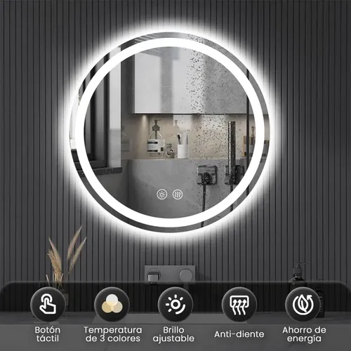 Espejo Led Baño Redondo 60x60cm, Táctil Moderno