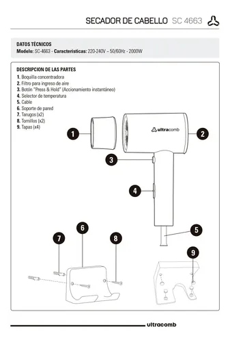 Secador De Pelo Ultracomb Sc-4663 Con Soporte Pared 2000w