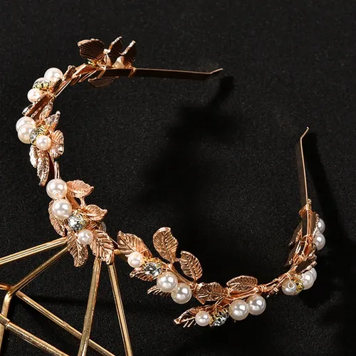 Diadema De Perlas Con Hojas Y Cristales Para Novia Rose Gold With White Pearls