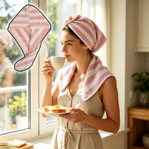 Gorro De Baño Con Forro Polar Suave A Rayas En V, Absorbente