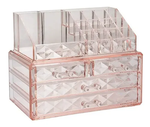 Organizador Rosa Maquillaje Acrílico Diamante 4 Caj + 16 Div