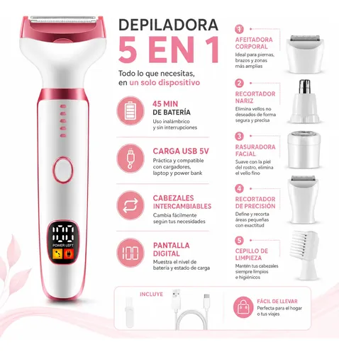 Depiladora Electrica 5 En 1 Portatil Usb Mujer Cuerpo Facial