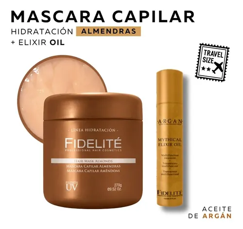 Mascara Capilar Hidratante Almendras 270gr + Mythical Elixir Oil Serum 10ml Aceite de Argan Fidelite Linea Hidratación