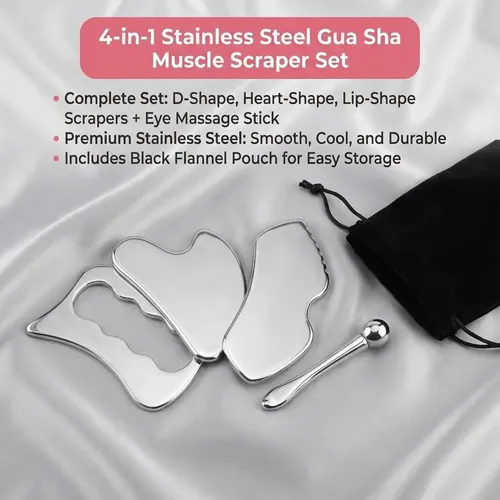 Set Gua Sha Acero Facial Y Corporal Con Estuche Terciopelo