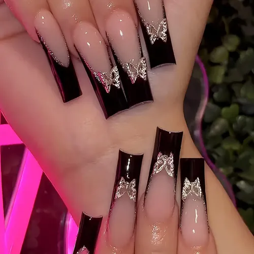 Uñas Postizas De Diamante Con Pegatina De Mariposa Con