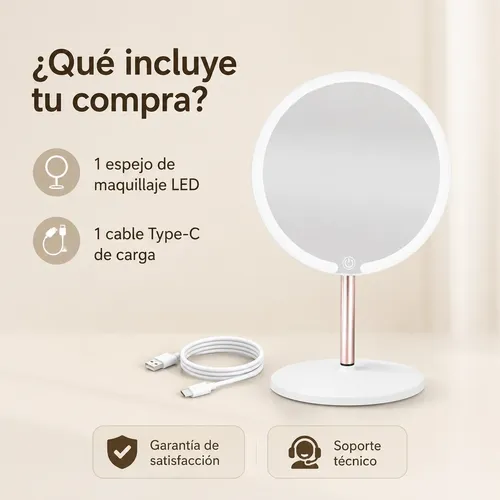 Espejo Maquillaje Led Redondo 21.5cm 3 Tonos Recargable