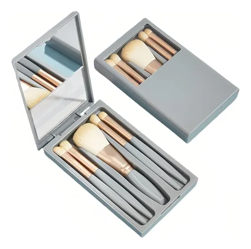 Set De 5 Pinceles De Maquillaje Con Espejo Y Estuche Vegano