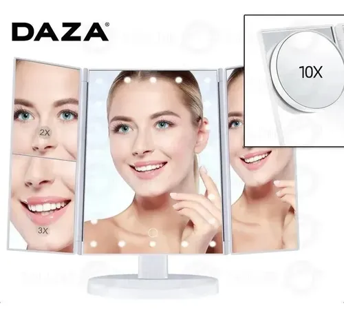Espejo De Maquillaje Tríptico Daza Dzmirmulti Con Luz Led Y Aumento 1x/2x/3x/10x Base Reforzada Usb/pilas Ideal Maquillaje Profesional Rutinas Belleza Tocador Dormitorio – Color Blanco