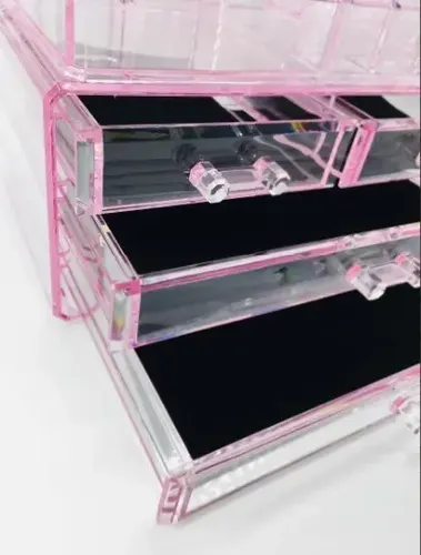 Organizador Maquillaje Acrílico Rosa 4 Cajones: 2 chicos + 2 Grandes , parte superior con 16 Divisiones