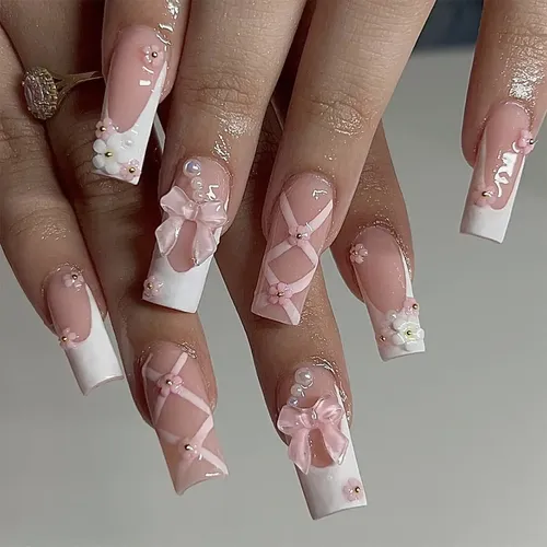 Uñas Postizas Con Lazo Rosa, Adhesivos Para Uñas.