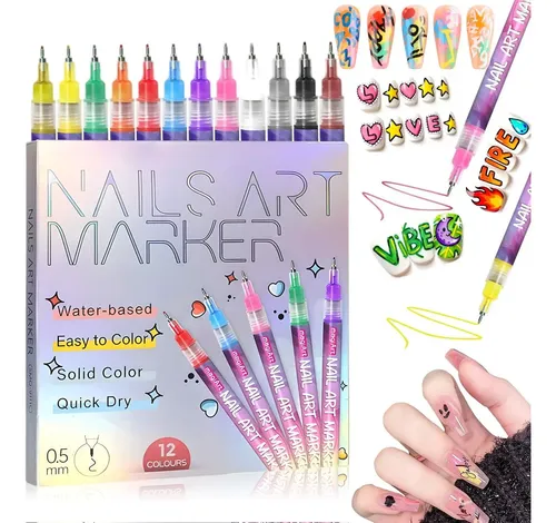 Juego De Bolígrafos Para Uñas De 12 Colores, Puntas Finas