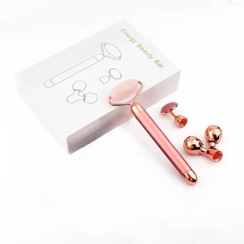 Roller Facial Cuarzo Con 3 Cabezales Vibradores Rose Quartz