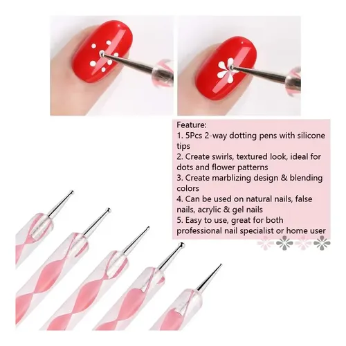 Kit Uñas 5 Piezas Pincel Flor Mármol Silicona Rosa