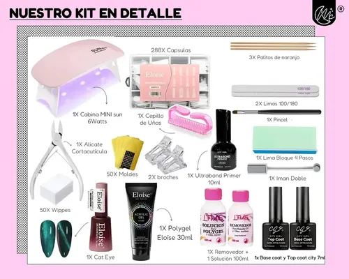 Kit Uñas Esculpidas Polygel Esmaltado Cat Eye Uv Completo