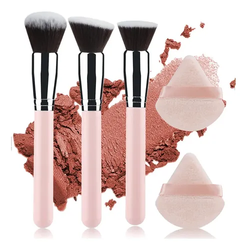 3 Pinceles De Maquillaje Rosas Y Plateados+borla Triangular
