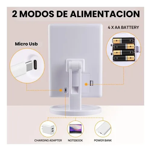 Espejo Con Luz Fria 16 Led Maquillaje De Pie Tactil Usb Pila Blanco