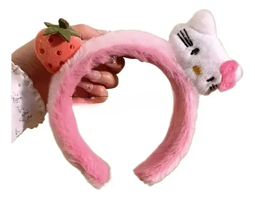 Diadema Alta De Gatito Adorable Con Fresa  Rosa Y Blanco