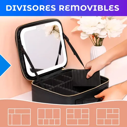 Porta Cosméticos con Espejo LED Recargable USB para Maquillaje, Negro