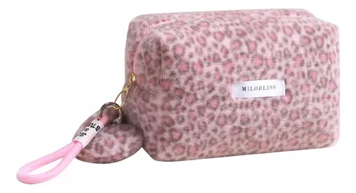 Bolso De Maquillaje Felpa Leopardo Marrón Hexagonal Grande