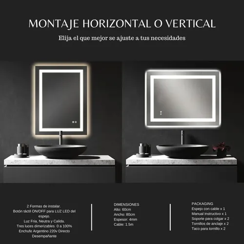 Espejo Inteligente Luz Led Desempaña Baño Reversible 60×80 Espejo