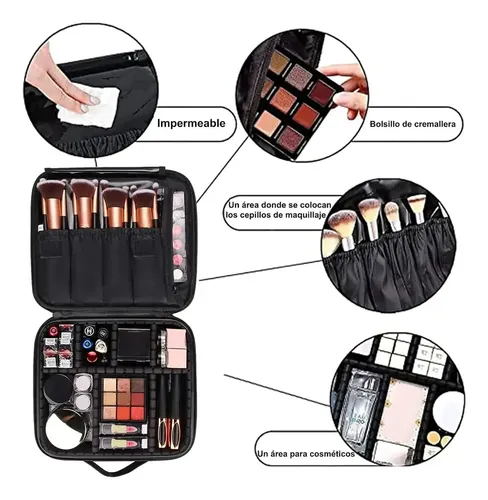 Maletin Neceser Valijita Porta Cosmetico Organizador De Maquillaje Rosa Con Divisiones Ajustables Estuche Portátil Con Cierre, Cosméticos, Perfumes, Brochas Y Viajes Levys Bazar Color Negro