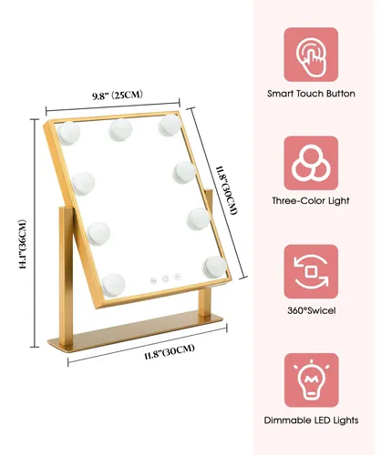 Espejo De Maquillaje Con Luz Led Bwllni 36cm Dorado