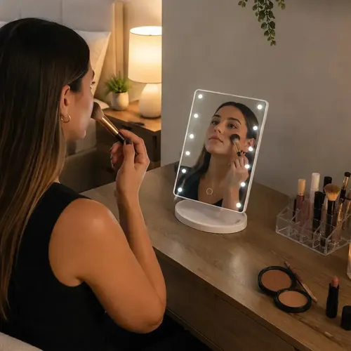 Espejo Maquillaje Led Con Luz Espejo Cosmético Funciona USB Pilas Incluye Cable Carga Mini Espejo Desmontable con Aumento