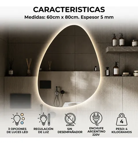 Espejo Digital Luz Led Touch Tactil Baño Irregular 80x60cm
