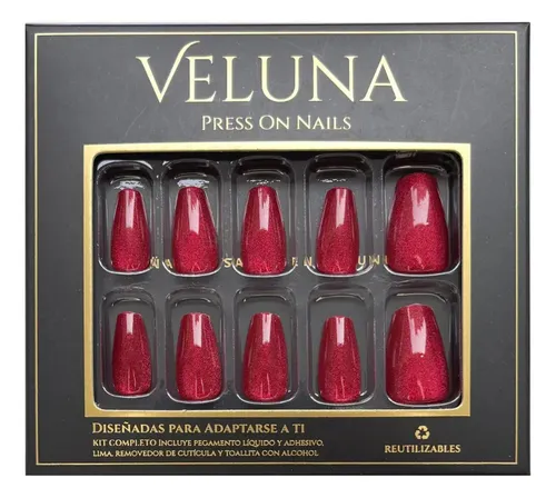 Uñas Press On Nails Veluna Reutilizables Diseños Variados Color Crimson Red Glitter