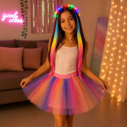 Set Disfraz Vincha Con Luz Extensiones De Pelo Pollera Tutu