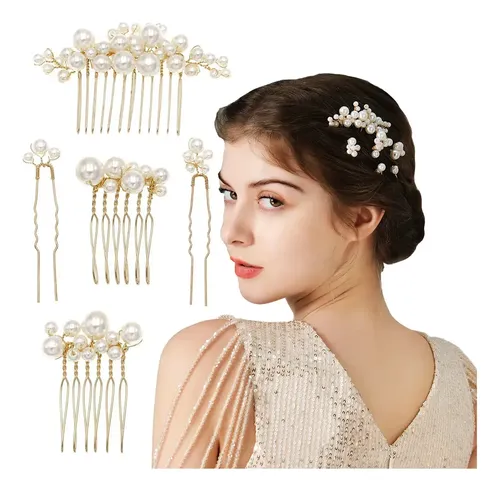 5 Pcs Perlas Peine El Pelo De Boda Para Novia Dorado