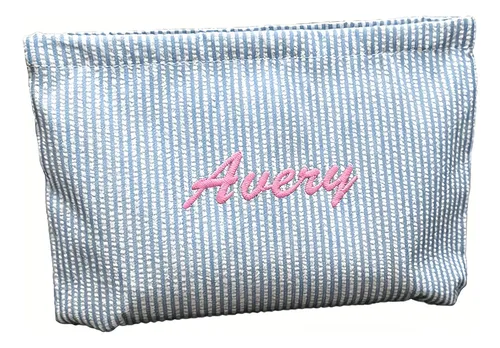 Bolsa De Maquillaje Con Nombre Bordado A Rayas De Seersucker